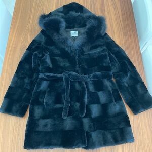 REAL Rabbit fur & Fox fur belted knee length coat XL